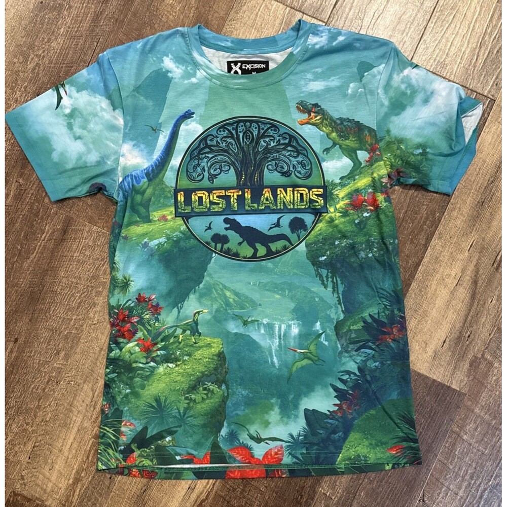 Excision LOST LANDS Music Festival T-Shirt (2022) MEDIUM Dinosaur Allover AOP
